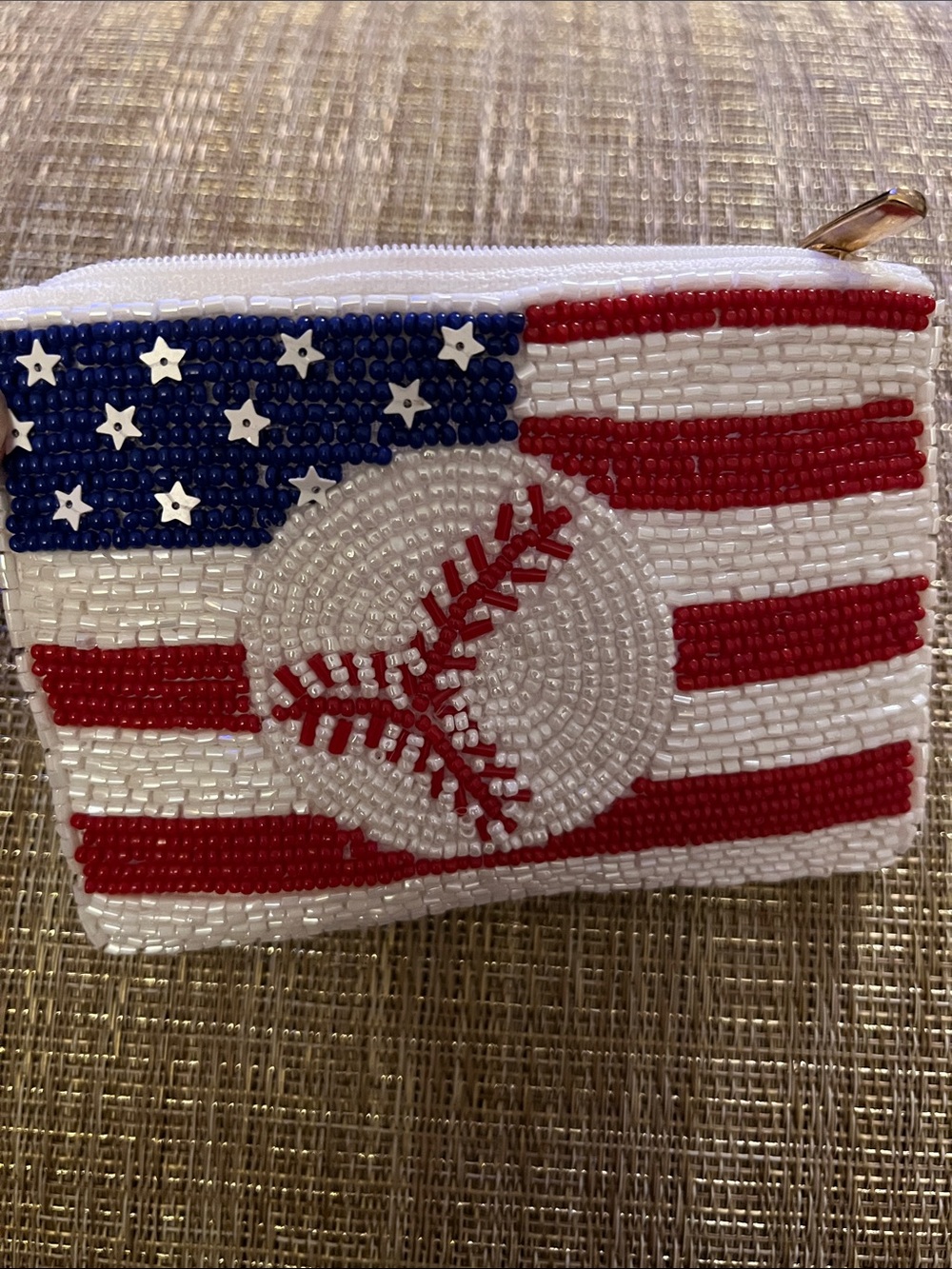 Beaded American Flag Baseball Wristlet Pouch - Red White Blue